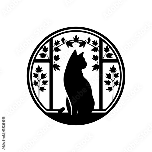 A sitting cat framed by autumn leaves and window panes, capturing peaceful seasonal charm and cozy home warmth.
