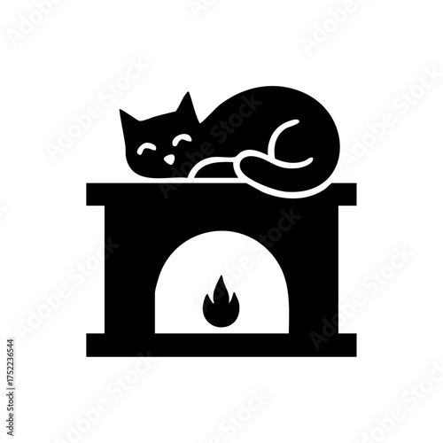A sleeping cat curled up on a fireplace mantel, symbolizing warmth, comfort, and home serenity during cold nights.
