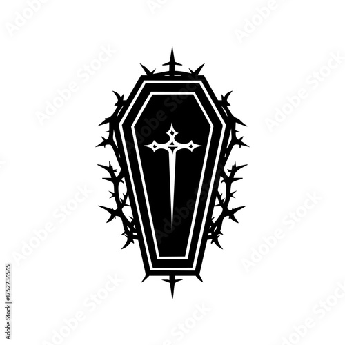 A coffin encircled by thorns with a cross at its center, evoking gothic symbolism of mortality, pain, and redemption.
