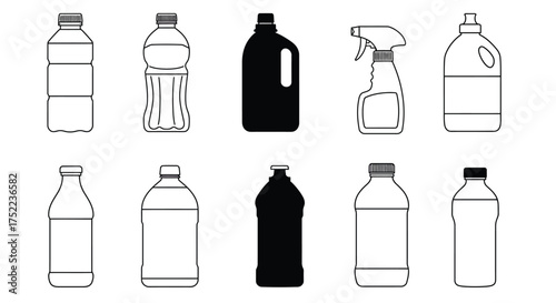 Collection of various plastic bottles and spray container line art illustration