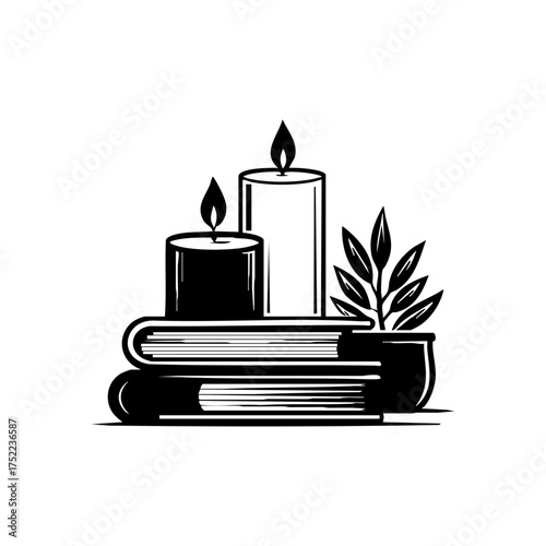Books stacked with candles and leaves, representing calm evenings, study time, or cozy reading corners during the colder months.
