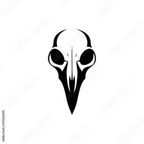 Stylized crow skull with a sharp beak and hollow eyes, symbolizing mystery, death, and dark aesthetics, often associated with gothic or Halloween themes.