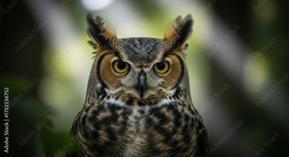Obraz premium Focused owl with large yellow eyes and feathered tufts, blurred green background