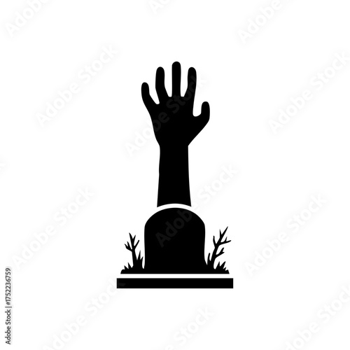 Minimalist black vector logo of a hand emerging from a gravestone, symbolizing Halloween resurrection or spooky cemetery themes.
