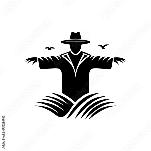 Minimalist black vector logo of a scarecrow standing in a field with birds, symbolizing autumn harvest and rustic countryside.
