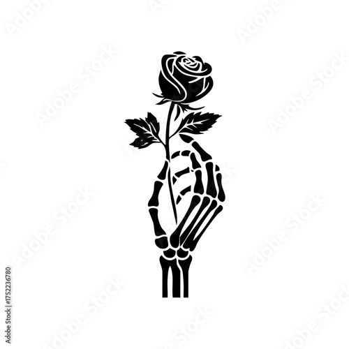 Minimalist black vector logo of a skeleton hand holding a rose, representing the contrast between life, death, and beauty.
