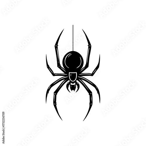 Minimalist black vector of a spider hanging from its silk thread, symbolizing suspense, patience, and Halloween atmosphere.
