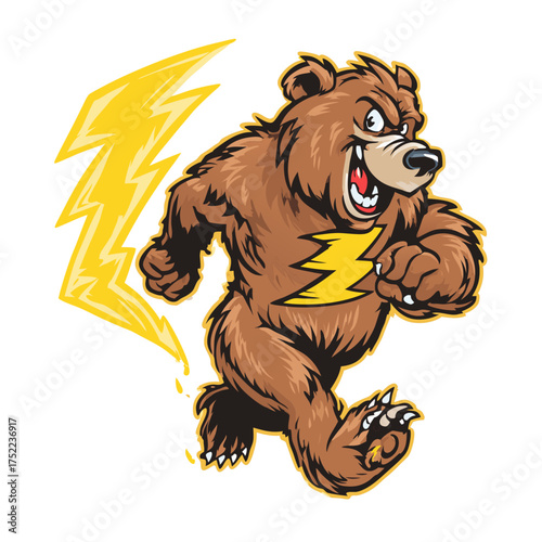 Aggressive running bear mascot with lightning bolt. Cartoon grizzly illustration representing speed, power, and energy for design.