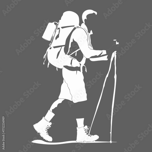 Outdoor Hiker Silhouette with Backpack and Trekking Poles. Adventure, Walking, and Sport Activity Vector Graphic.