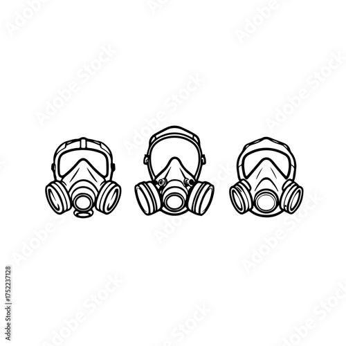 A set of three respirator or gas mask icons shown from various angles. This vector illustration represents protection from hazardous materials, pollution, chemical warfare, and industrial safety. Isol