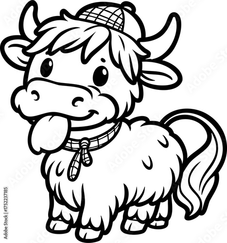 Cute highland cow with tongue out wearing cap, black and white funny animal vector illustration, adorable farm character line art with copy space for playful design