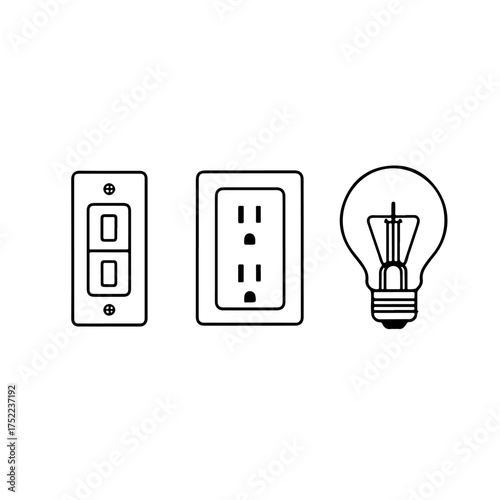 A set of basic electrical component icons for the home. This collection includes a power outlet, a light switch, and an incandescent light bulb, representing electricity, energy, and power supply. Iso