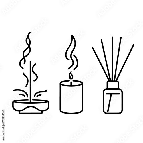 A set of aromatherapy and relaxation icons. This collection includes incense sticks, an essential oil diffuser, and a scented candle, symbolizing wellness, spa, meditation, and home fragrance. Isolate