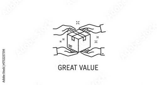 Great value concept icon with multiple hands carefully holding a package.