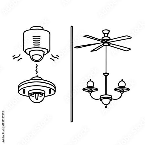  A collection of home lighting and ceiling fixture icons. This set includes a ceiling fan with a light, a chandelier, a sconce, and a basket lamp, representing interior design and home illumination. I