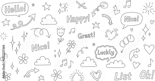 Hand Drawn Cartoon Speech Bubbles and Doodle Elements on White Background