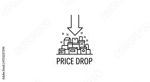 Price Drop Concept with Arrow and Stacked Boxes.