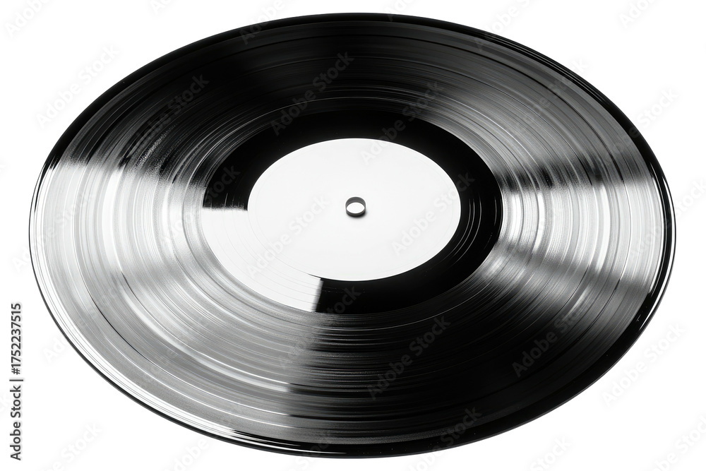 Obraz premium Black vinyl record with a white label, reflecting light; circular, vintage
