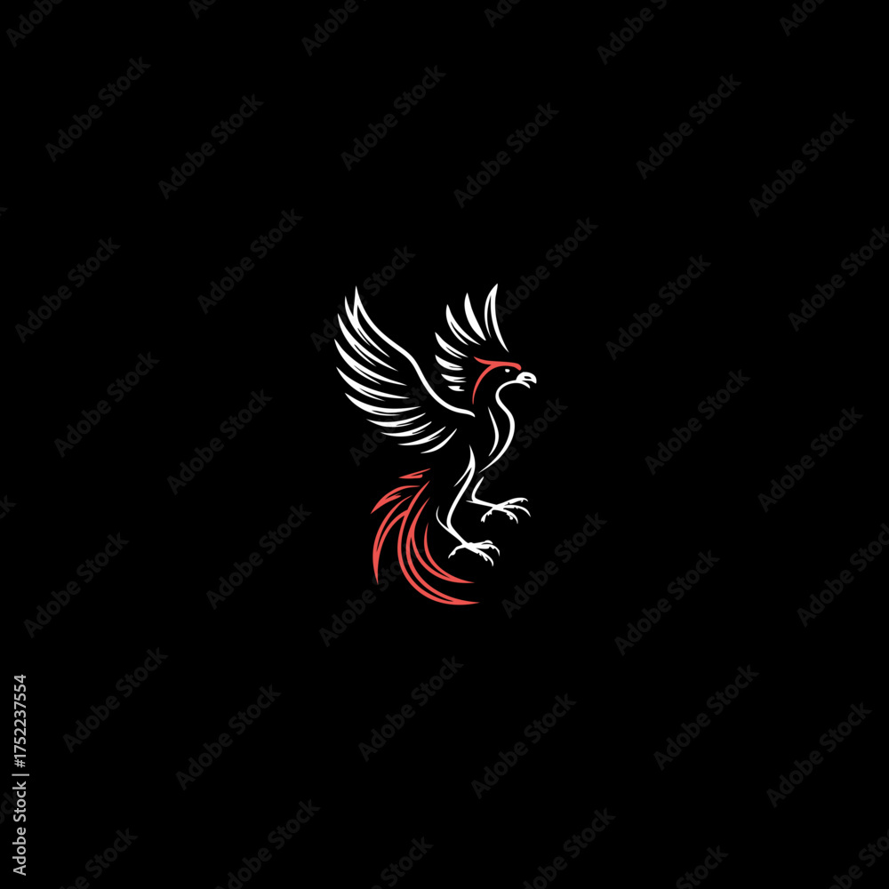 Fototapeta premium Stylized mythical phoenix bird illustration with white wings and fiery red-orange tail on a sleek black background