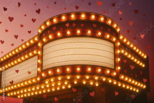 Glowing retro cinema marquee with hearts at dusk, romantic Valentine movie night backdrop