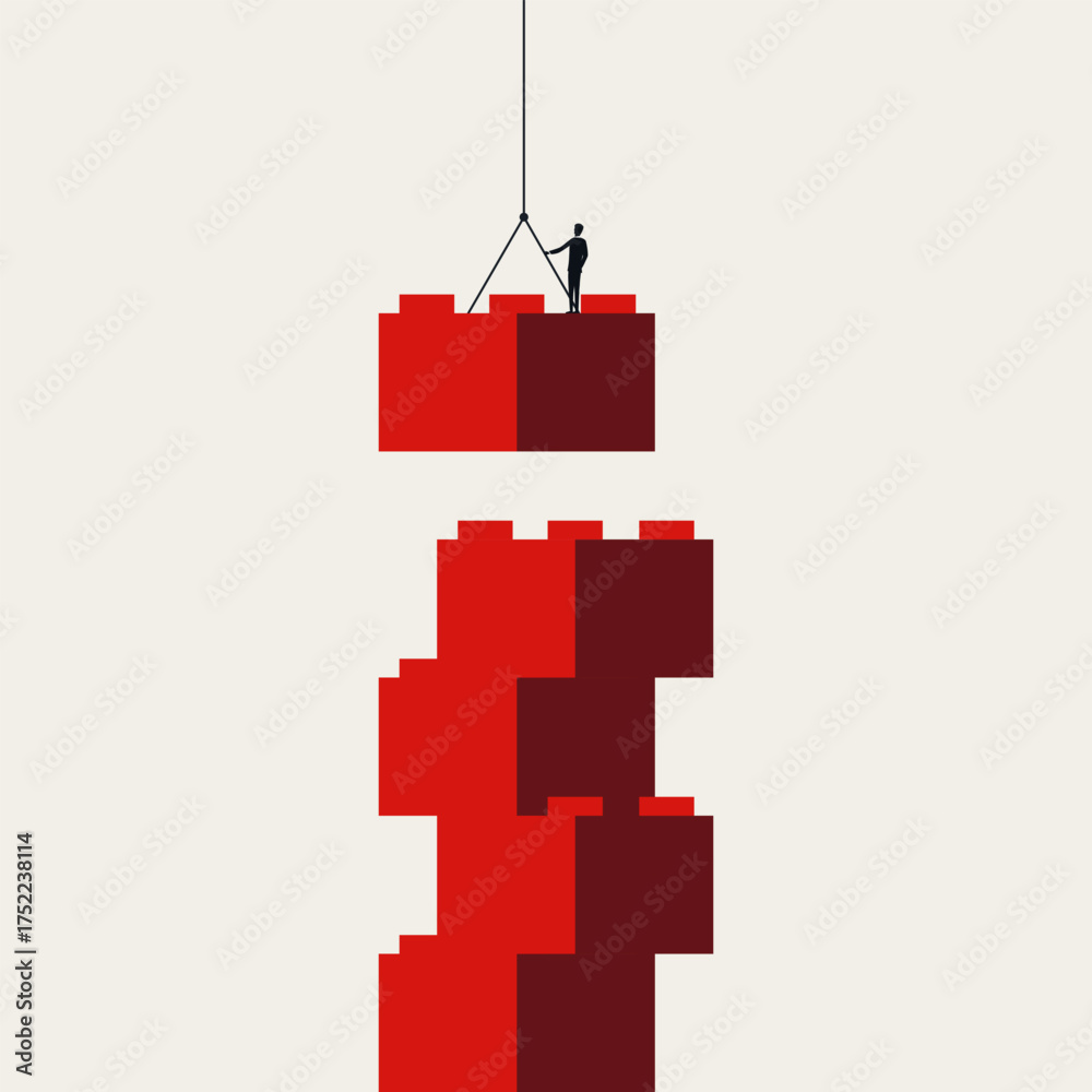 Obraz premium Minimalist illustration and abstract business vector symbol. Represents growth, hard work, and development, showing a person building a tower with blocks.