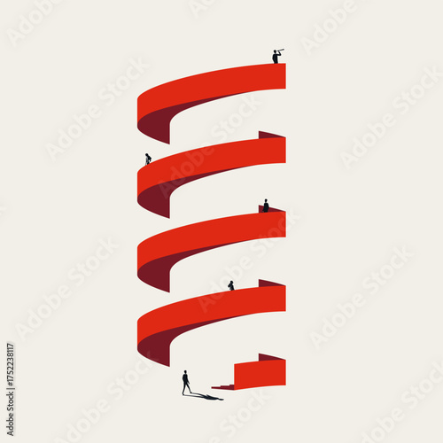 Minimalist illustration in a vector format. Abstract symbol of people climbing a spiral staircase, representing the competitive corporate ladder and career ambition.