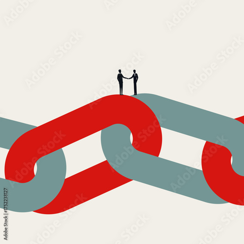 Abstract business vector symbol of a handshake on a strong chain link. This minimalist illustration represents partnership, trust, agreement, and strong collaboration.