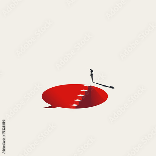 Minimalist illustration and abstract vector symbol of a silhouette looking into a speech bubble hole. Represents the danger of negative comments, criticism, or online bullying.