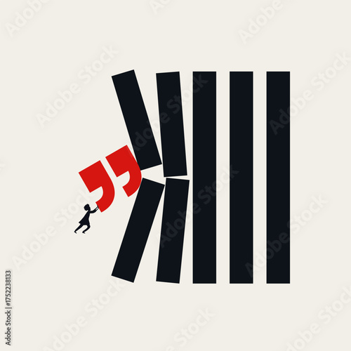 Minimalist illustration and abstract vector symbol of a woman pushing barriers with a quote mark, representing a disruptor, innovation, and speaking out.