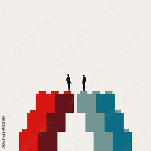 Minimalist illustration in a vector format. Abstract symbol of two people negotiating and building a bridge from blocks, representing partnership and agreement.