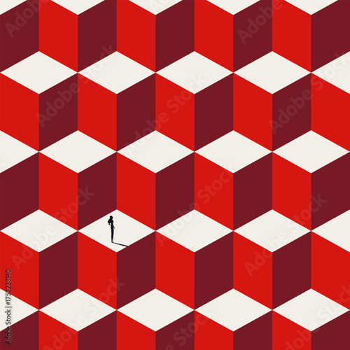 Abstract business vector symbol. Minimalist illustration of a person on an infinite maze made of geometric cubes, representing career uncertainty and strategy.