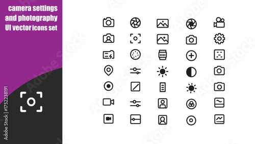 camera settings and photography UI vector icons set
