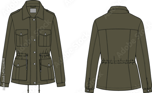 jacket utility women long sleeve collar pointed button snap closure pocket flap chest waist drawstring cord cuff yoke seam apparel garment clothing fashion textile template vector sketch illustration 