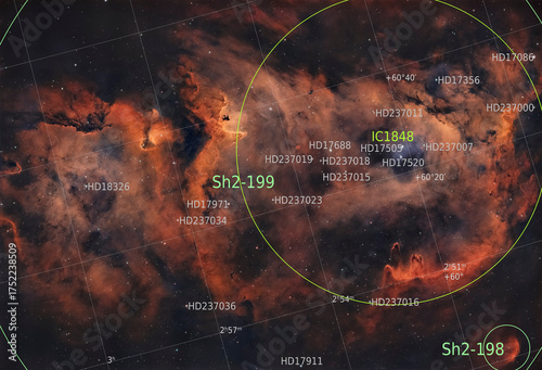 Ionized by the radiation from young, hot stars, the Soul Nebula contains glowing clouds of hydrogen, oxygen, and sulfur gases. It is located about 7,500 light years from Earth. (annotated version)