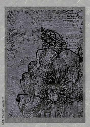 Monochromatic floral illustration with intricate line work and textured background