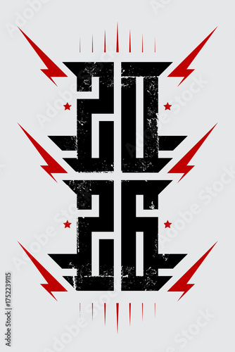 2026 - Electrifying New Year Logo. Bold Typography with Red Lightning Bolts. Perfect for Album Covers, Concert Posters, and Rock Merchandise. Grunge Texture on Light Background