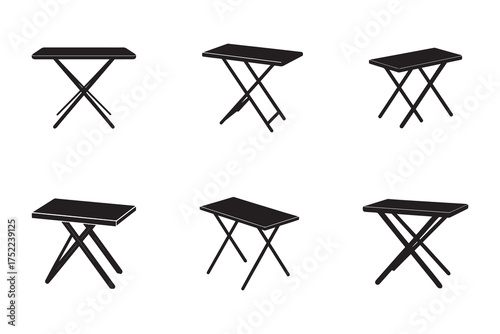 Set of Six Folding Tables in Black Silhouette on White Background Ideal for Events and Temporary Setup Scenarios