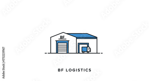 BF Logistics Warehouse Building with Truck Icon.