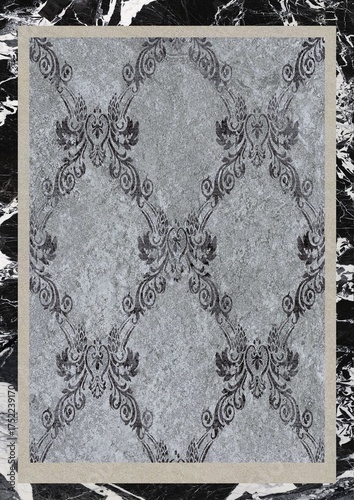 Ornate gray damask pattern with symmetrical floral and scroll designs on a textured background