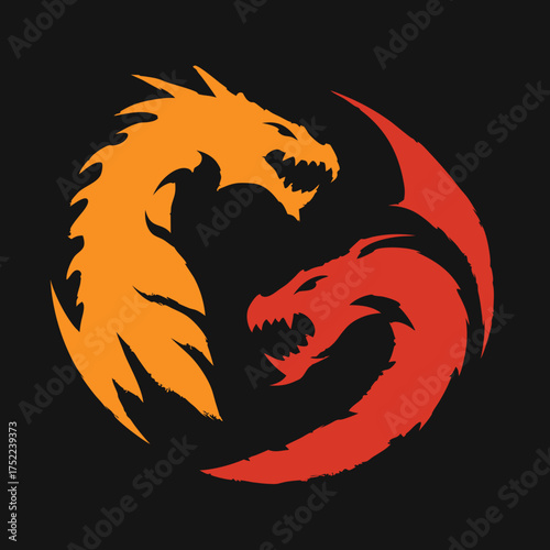 Stylized orange and red dragons in a dynamic circular yin-yang symbol, representing balance, conflict, and mythical power in a modern graphic design.