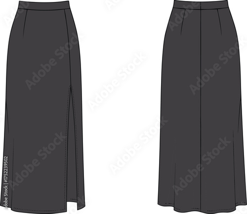 Long skirt, fashion flat sketch, technical drawing, apparel design, garment illustration, high waist, side slit, darts, straight silhouette, vector template