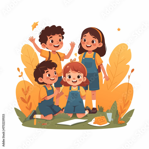 A charming illustration of four happy children in overalls playing together in a lush green setting.