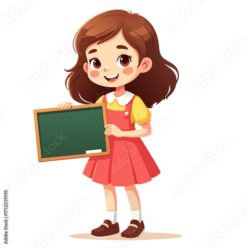 A cheerful cartoon girl with twotone hair in a red dress smiling while holding a blank whiteboard.