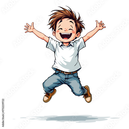 A joyful cartoon boy with spiky brown hair jumping happily arms outstretched in a white tshirt and jeans.