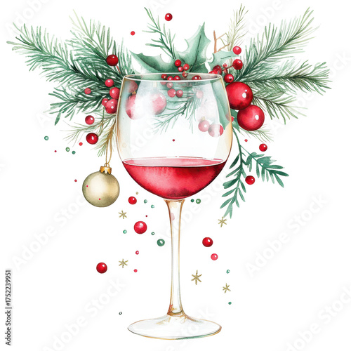 Festive Wine Glass: A watercolor illustration of a wine glass filled with red wine, adorned with Christmas decorations including, evergreen branches, red berries, and a golden ornament.