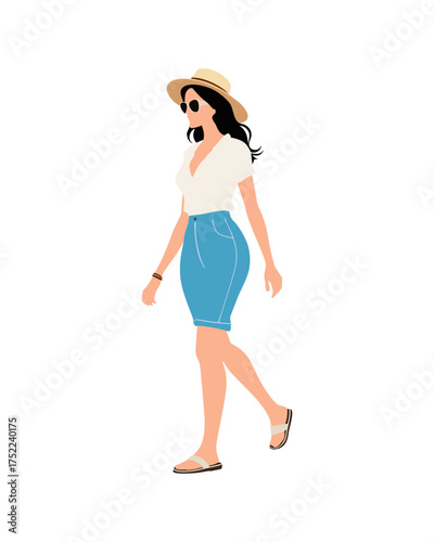 Flat vector people and illustration, woman with casual vacation outfit