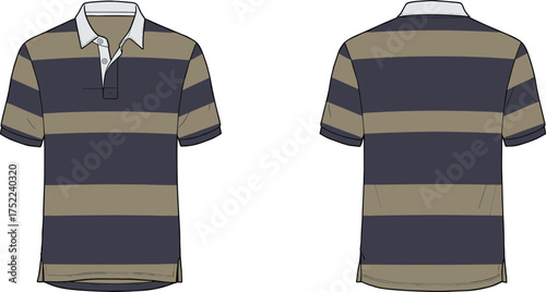 polo shirt rugby short sleeve stripe horizontal collar button placket cuff curved hem casual sporty apparel garment clothing fashion textile template vector sketch illustration design pattern wardrobe