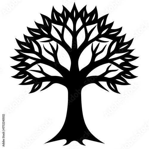 Stylized black silhouette of a tree with spiky leaves and strong roots on white background