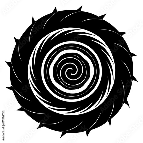 Abstract black and white spiral vortex with jagged edges and sharp points