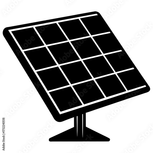 Black and white icon of a solar panel on a stand for renewable energy and sustainability concepts
